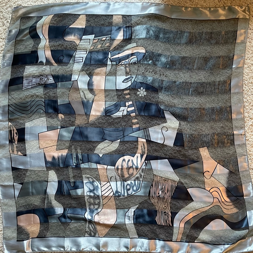 Picasso RARE 80’s cubism sheer stripe black grey color luxurious satin scarf